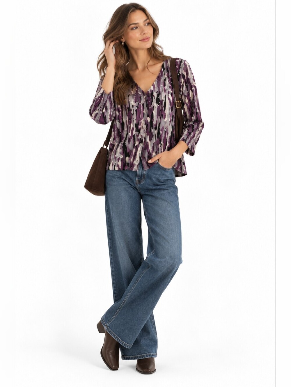Relativity Purple Knit Cardigan M Button Front 3/4 Sleeve Work Top